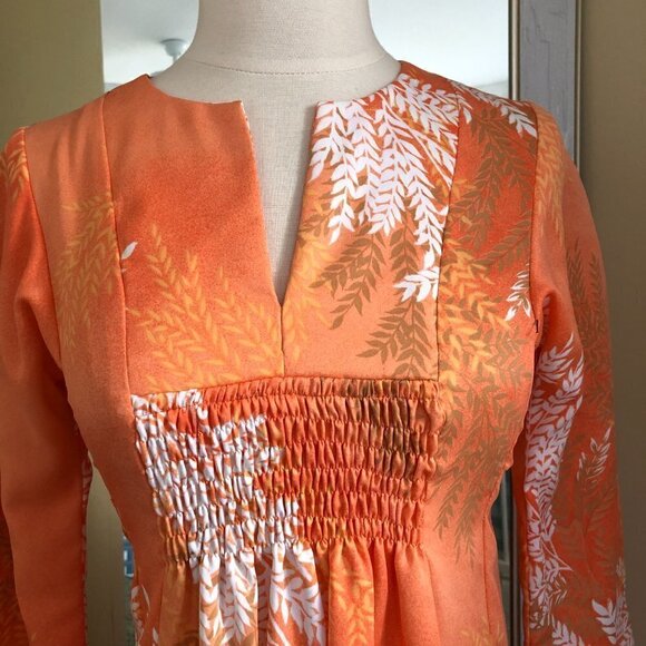 Vintage Andrade Maxi Hostess Dress Small Soft Orange Leaf Print Flare Sleeves - Picture 5 of 9